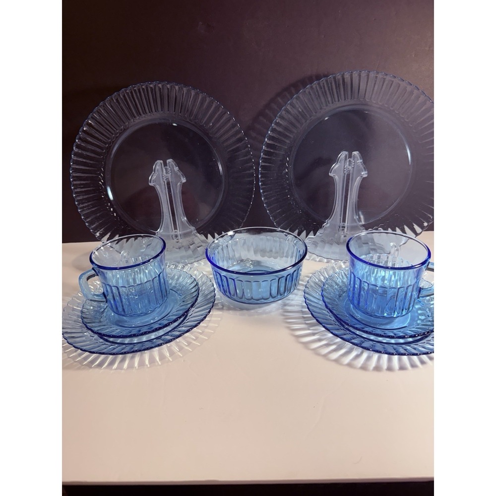 Fortecrisa Blue Glass Dinnerware Set 9 Pc Plates Cups Bowl Made Mexico